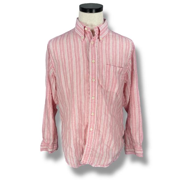 Brooks Brothers Linen Shirt Men's Large Pink White Striped Long Sleeve Button - Picture 1 of 9